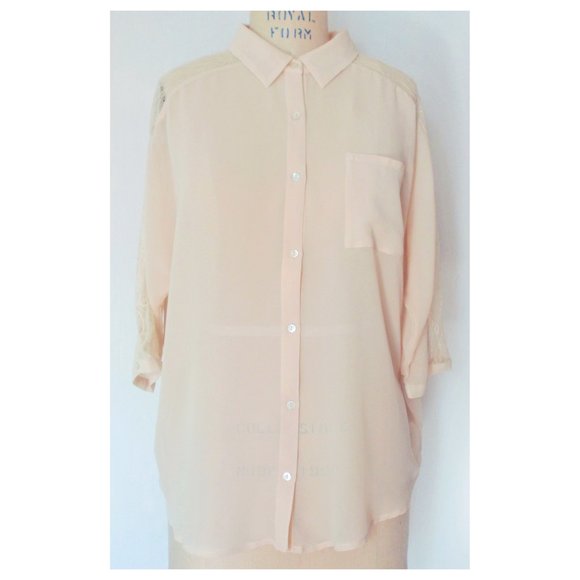 FOREVER 21 NUDE BLUSH SHEER LACE BUTTON DOWN BLOUSE L NWT - Picture 9 of 9